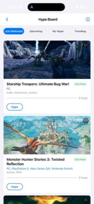 ReadyPlayerOn Game Hype Board showing recently released games